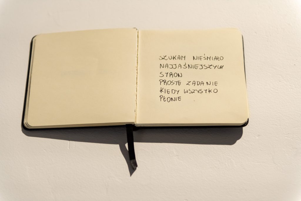 Jedna z prac pokazywanych na wystawie Kwadratowy notatnik otwarty na stronie gdzie dużymi literami napisano szukam nieśmiało najjaśniejszych stron proste zadanie kiedy wszystko płonie